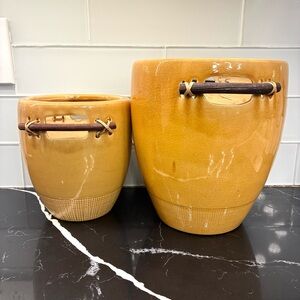 Set of Two Tan Ceramic Planters with Handles